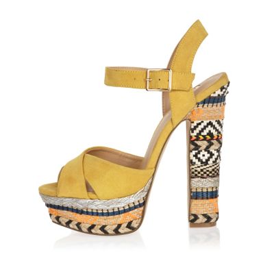 Yellow print suede platform heels